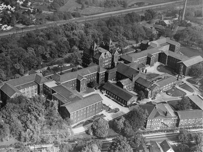 An aerial view of the Cleveland State Hospital shows the extent of the large complex on Turney Road, ca. 1951. Cleveland Press Collection, CSU Archives