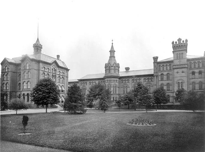 Three Gothic style buildings on Woodland Avenue served as the Cleveland Workhouse in the 1880s.  WRHS.