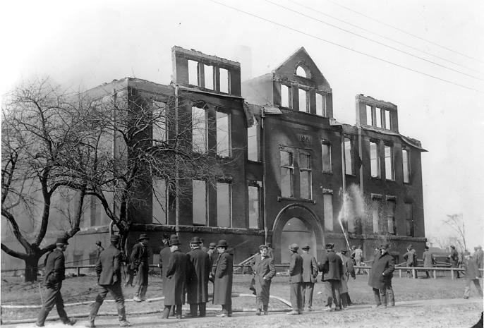 Charred aftermath of the Lakeview Elementary School after the tragic Collinwood school fire, 4 Mar. 1908. WRHS