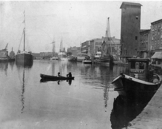 A view of the Cuyahoga River, looking north from the riverbank at Superior Ave., 1870. WRHS