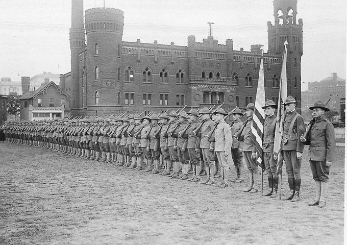 Soldiers stand in formation outside the Central Armory on Lakeside Avenue during World War I. WRHS