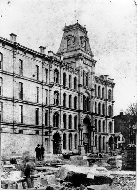 Construction of the Euclid Ave. Opera House at Euclid and East 4th street is nearly completed in this view  from the mid 1870s. WRHS