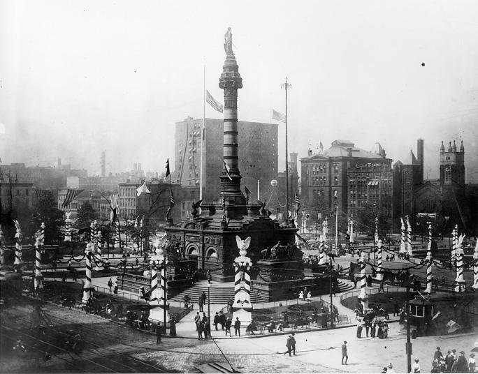 Public square and the Soldiers and Sailors Monument are decorated for the Grand Army of the Republic Convention in 1901. WRHS