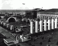 The Sherwin-Williams Plaza at the Great Lakes Exposition dominates Mall A in this image taken in 1937. WRHS.