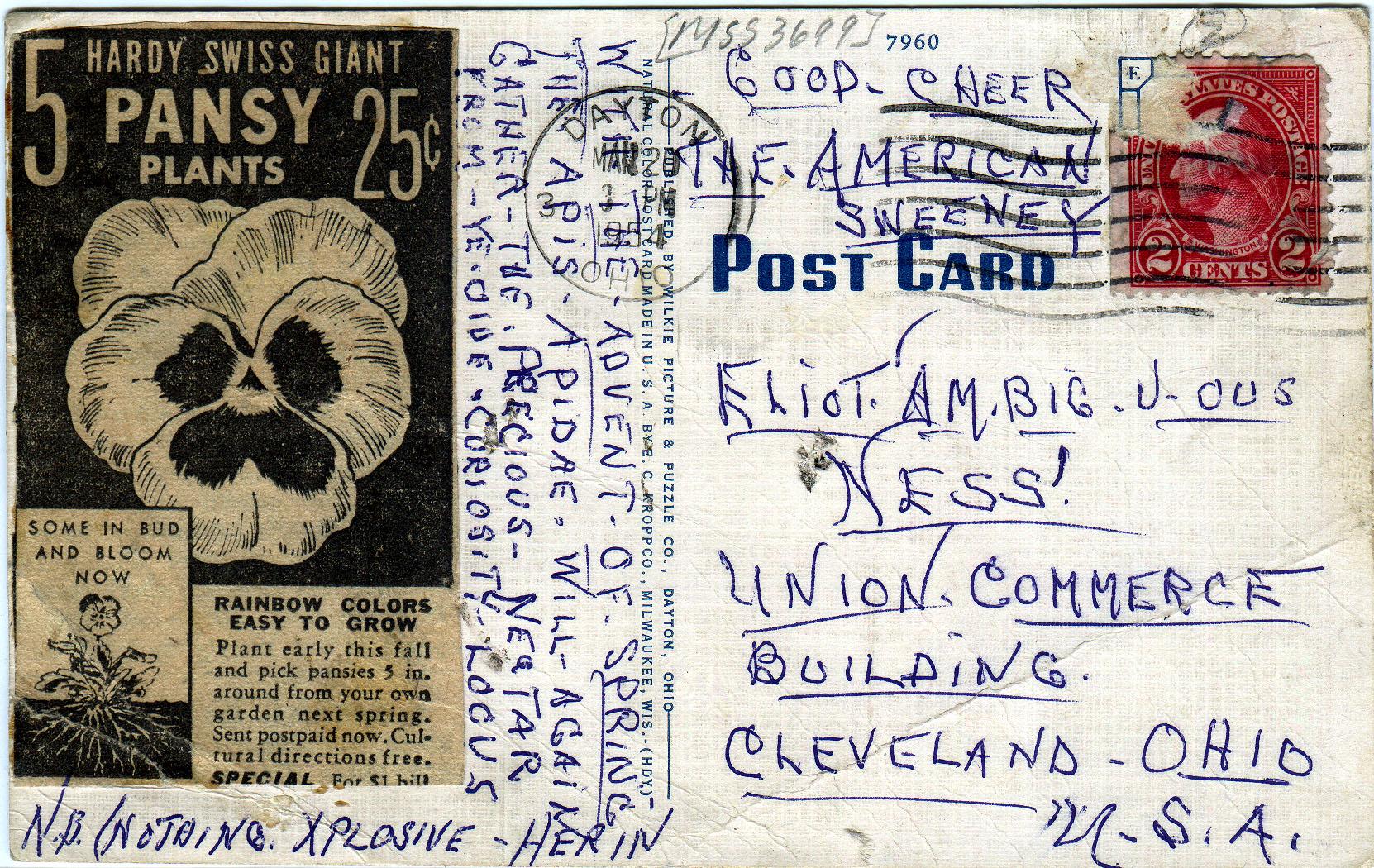 Postcard (1 of 5) sent to Elliot Ness in 1954 by an asylum inmate believed by some to be the Torso Murderer.