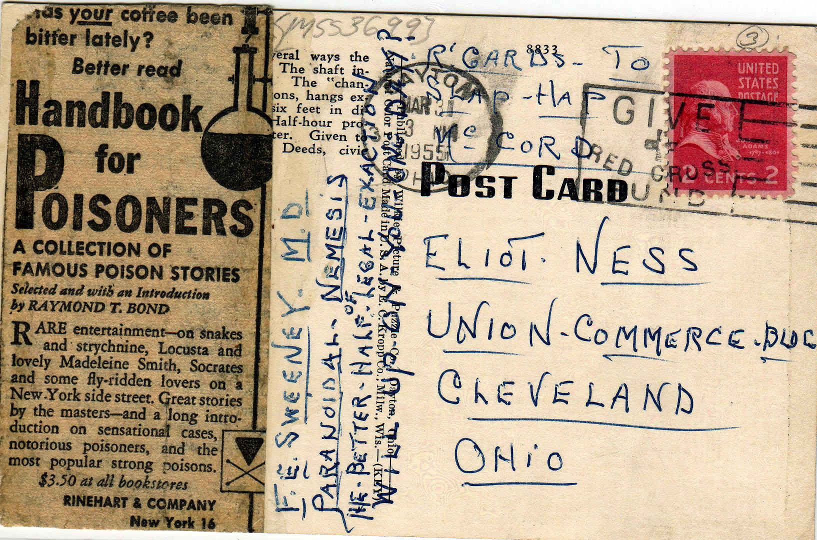 Postcard (4 of 5) sent to Eliot Ness in 1954 by an asylum inmate believed by some to have been the Torso Murderer. WRHS.