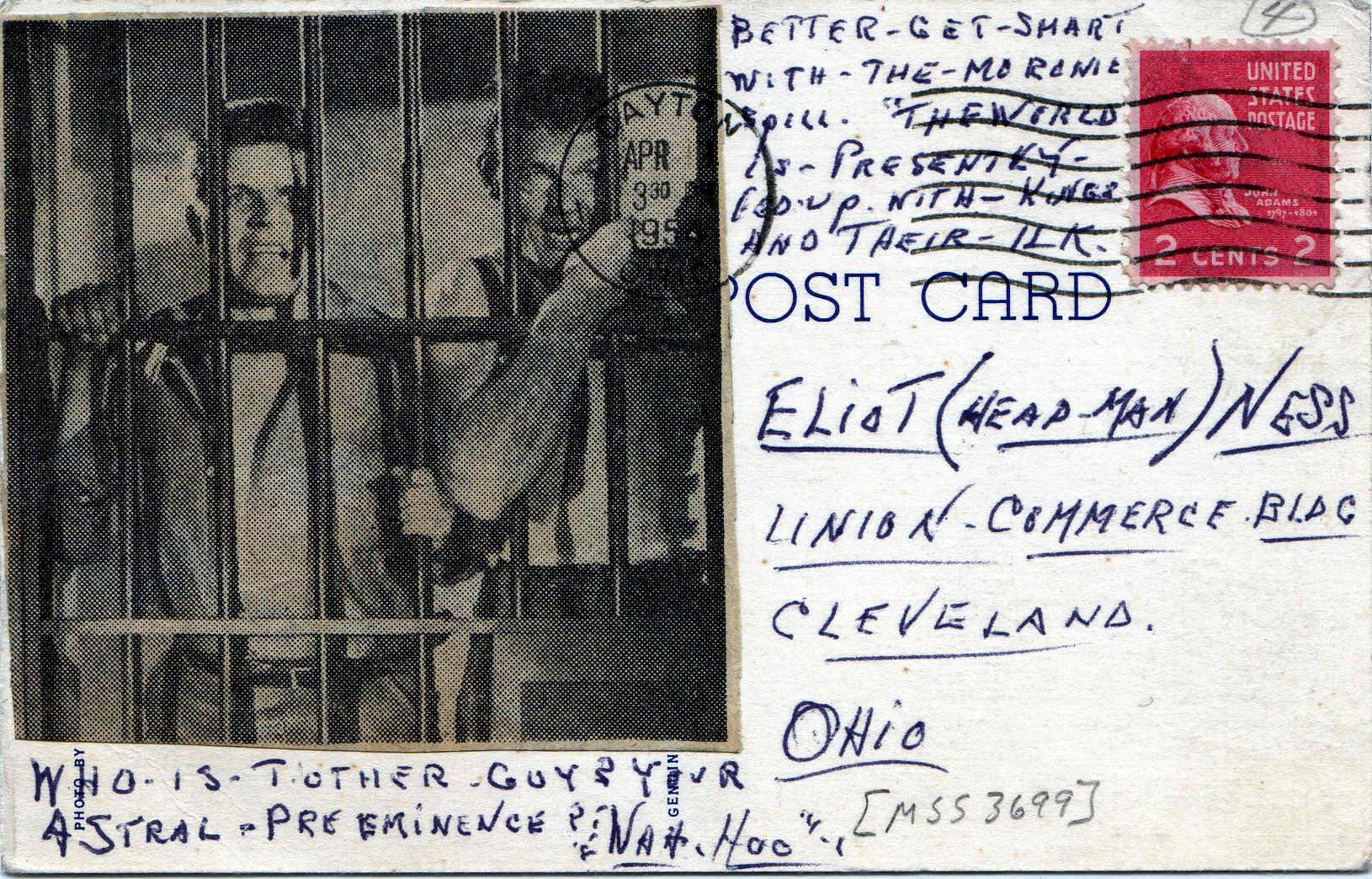 Postcard (5 of 5) sent to Eliot Ness in 1954 by an asylum inmate believed by some to have been the torso murderer.