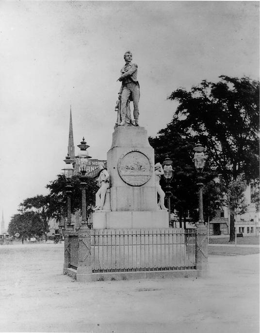 The Perry Monument, when it was situated on Public Square during the 1870s. WRHS.