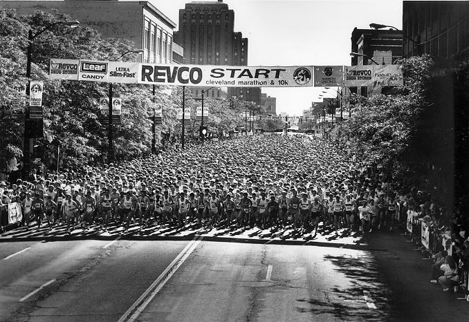 The Euclid Ave. starting line of the 1991 Revco Cleveland Marathon and 10K. Courtesy of Edward Howard and Co.; Stephen Crompton Photography.