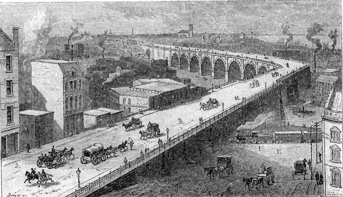 A Drawing of the Superior Ave. Viaduct from the 1880s. WRHS.