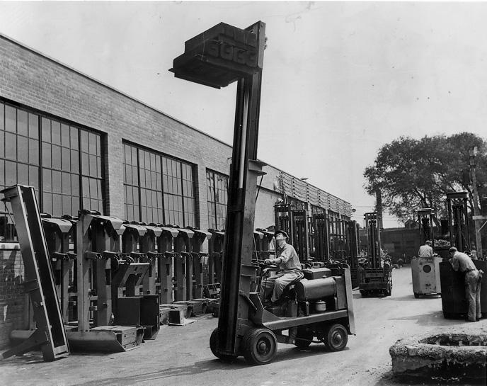 Forklift testing at Towmoter Corp., Aug. 1942. Cleveland Press Collection, CSU Archives.