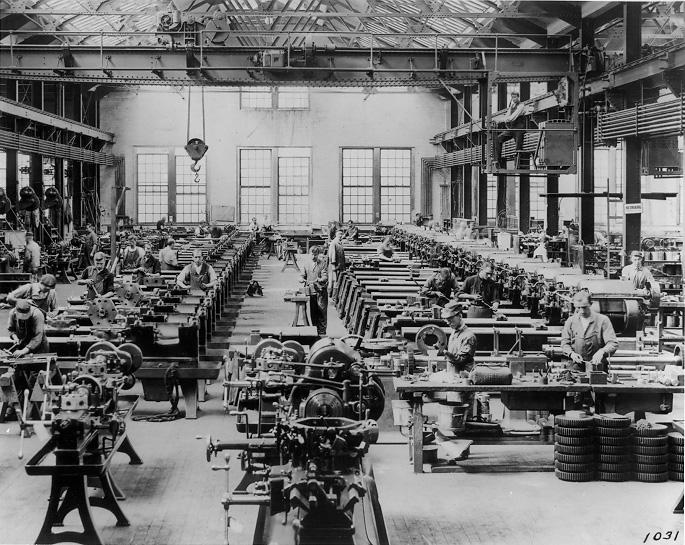 An interior view of the Turret Lathe Assembly Department at Warner & Swasey Co., ca. 1912. Cleveland Press Collection, CSU Archives.