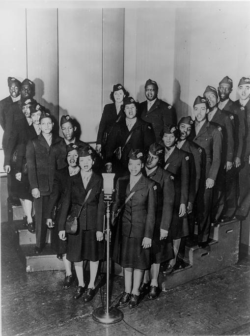 Members of the Wings Over Jordan Choir, wear military-style uniforms and stand in the “V for Victory” formation in this early 1940s image. WRHS.