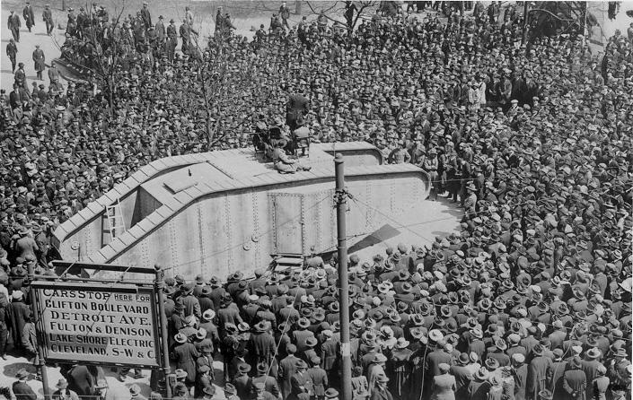 A World War I Liberty Loan drive on Public Square, July 1918. WRHS.