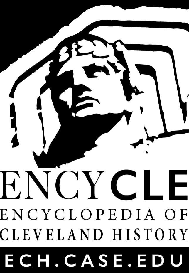 Logo of the Encyclopedia of Cleveland History featuring one of the Guardians of Transportation linking Eastside and Westside of Cleveland