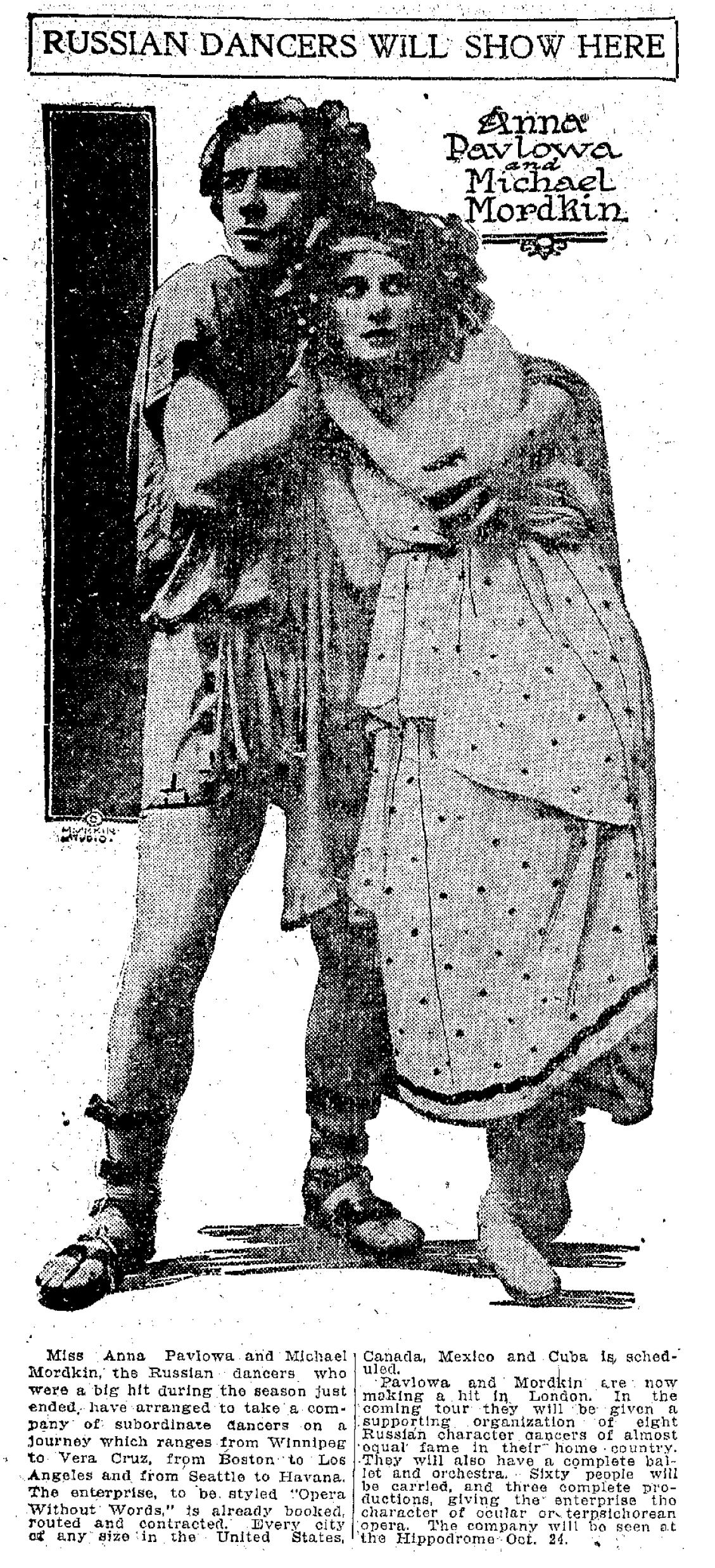 Advertisement for Anna Pavlova and Mikhail Mordkin in Cleveland at the Hippodrome Theater, "The Plain Dealer," 22 May 1910. 