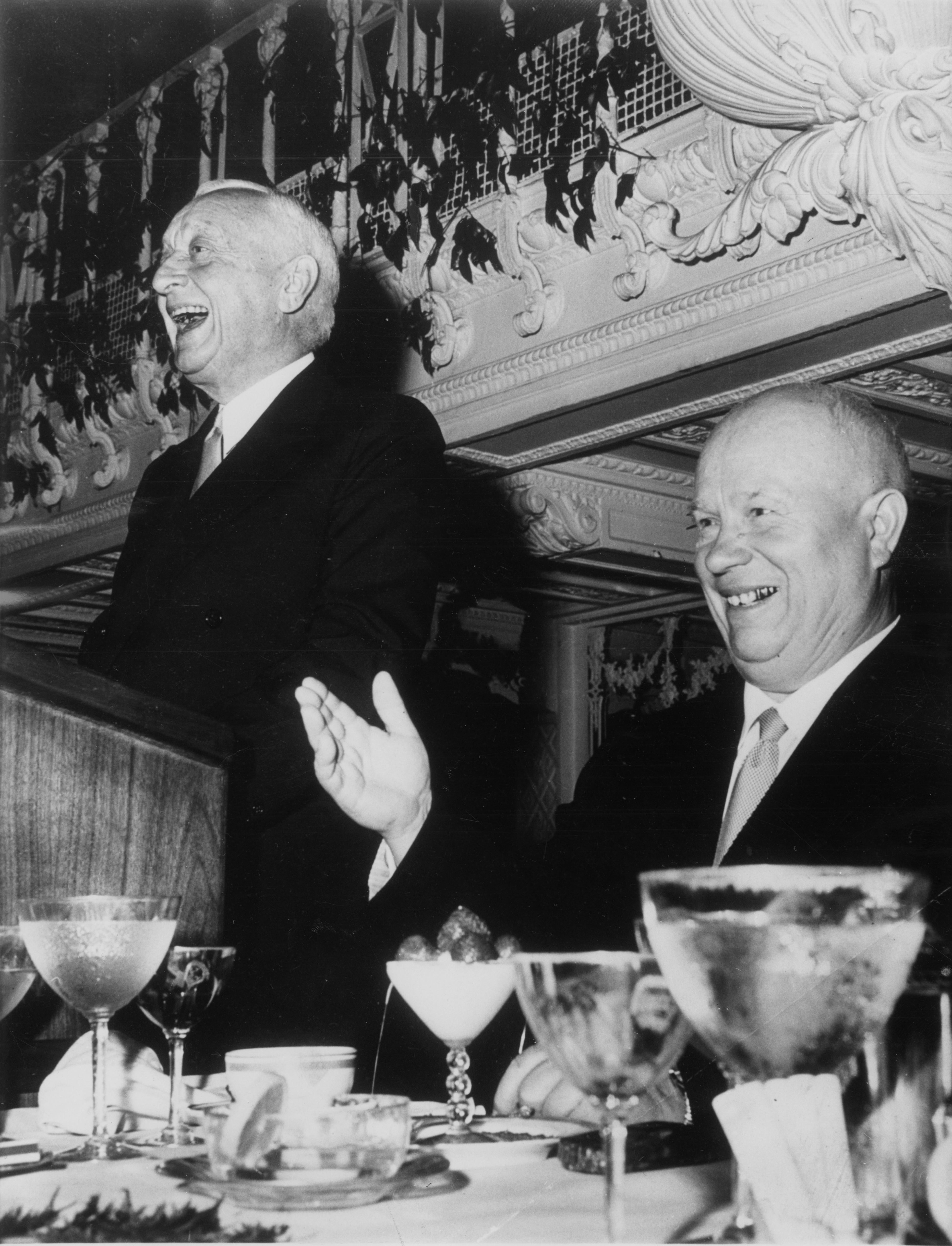 Cyris Eaton (standing) and Nikita Khrushchev (sitting) at the Biltmore Hotel lunch reception, September 30, 1960.