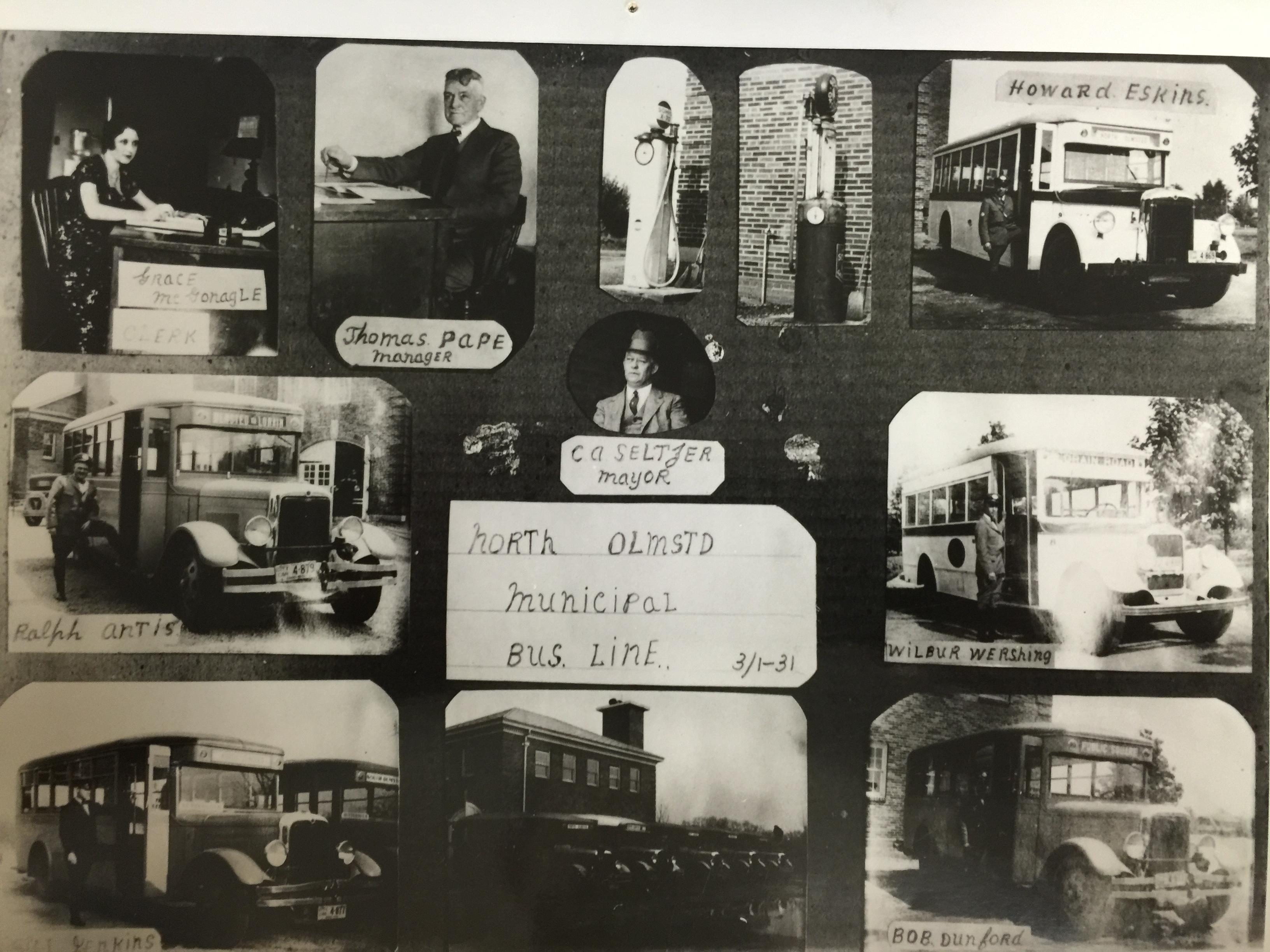 A collage of ten black and white images showing individuals and vehicles of the North Olmsted Municipal Bus Line during its first year of operation in 1931