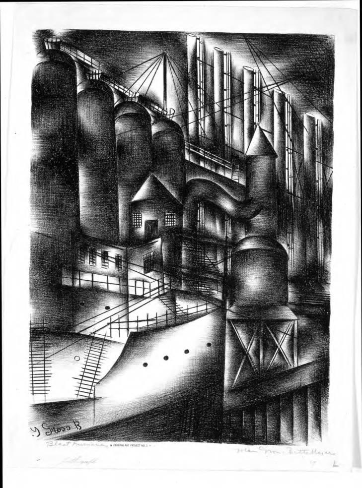 A lithograph depicting a blast furnace. The print is stamped "Federal Art Program No. 1." 