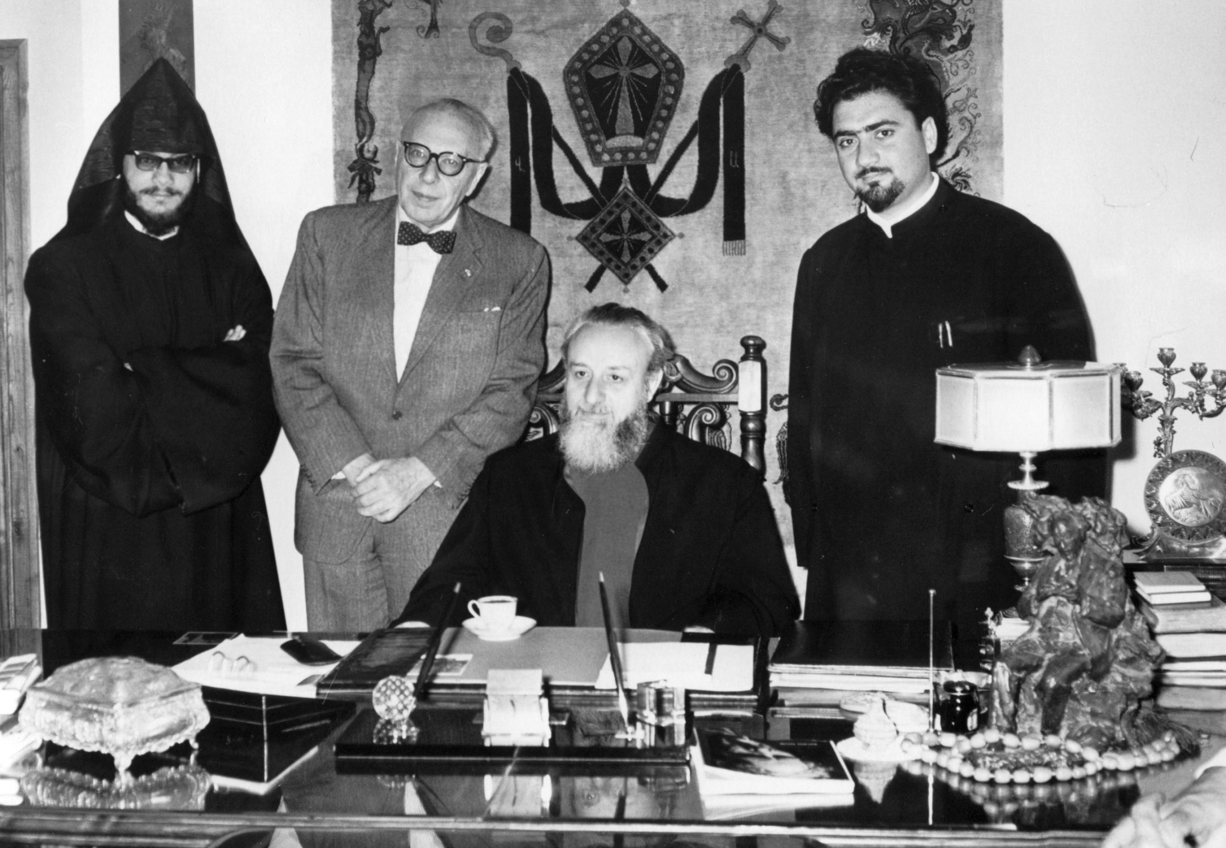 George Szell meets with Armenian Orthodox Patriarch (Catholicos) Vazgen I (seated), Etchmiadzin, Armenia, May 3, 1965.
