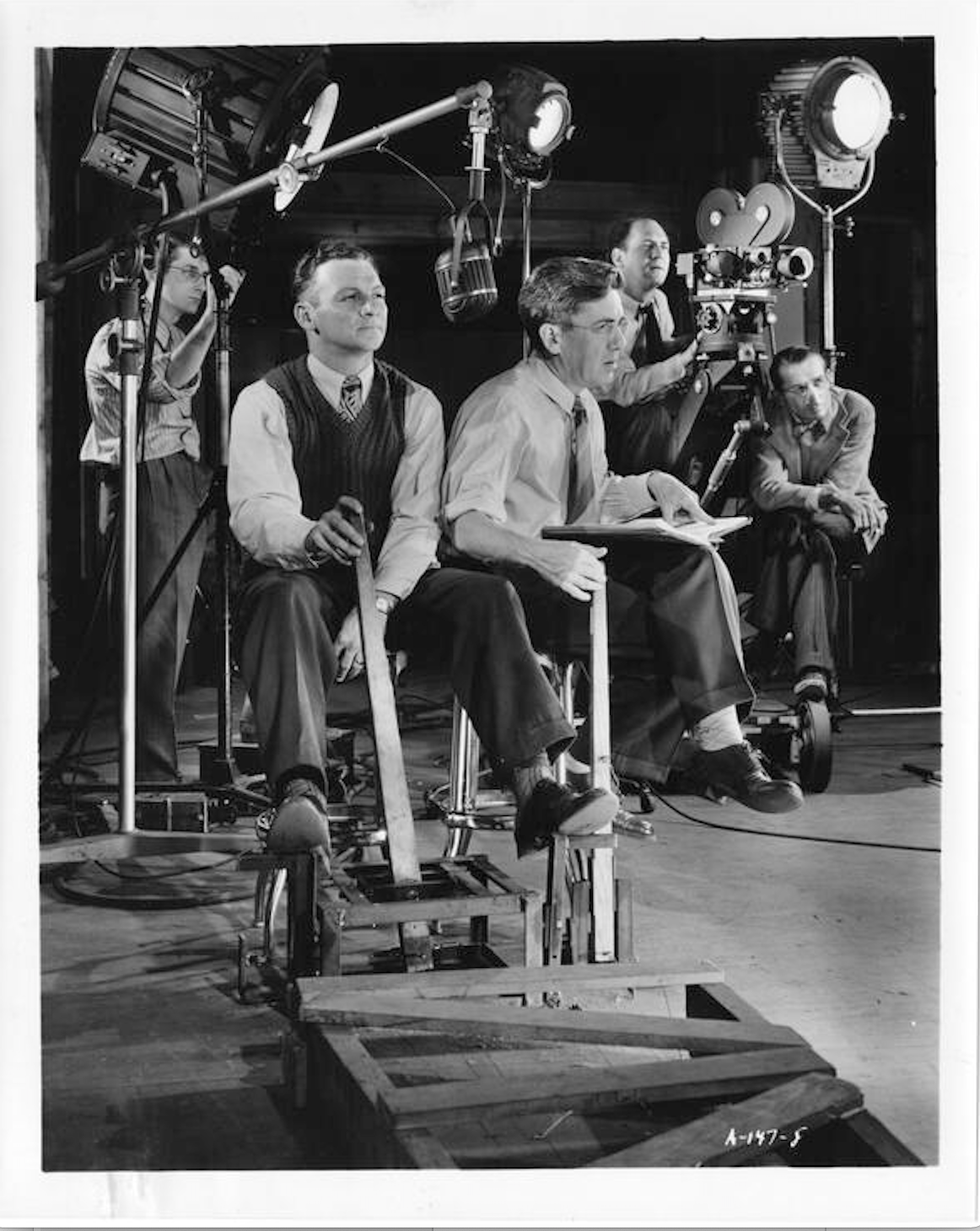 On the set of the Yale & Towne Manufacturing Company film, “The Talking Hoist” (1948). (left to right) Paul Culley, Frank Benish, Bob Welchans, Harry Horrocks, and Ray Culley