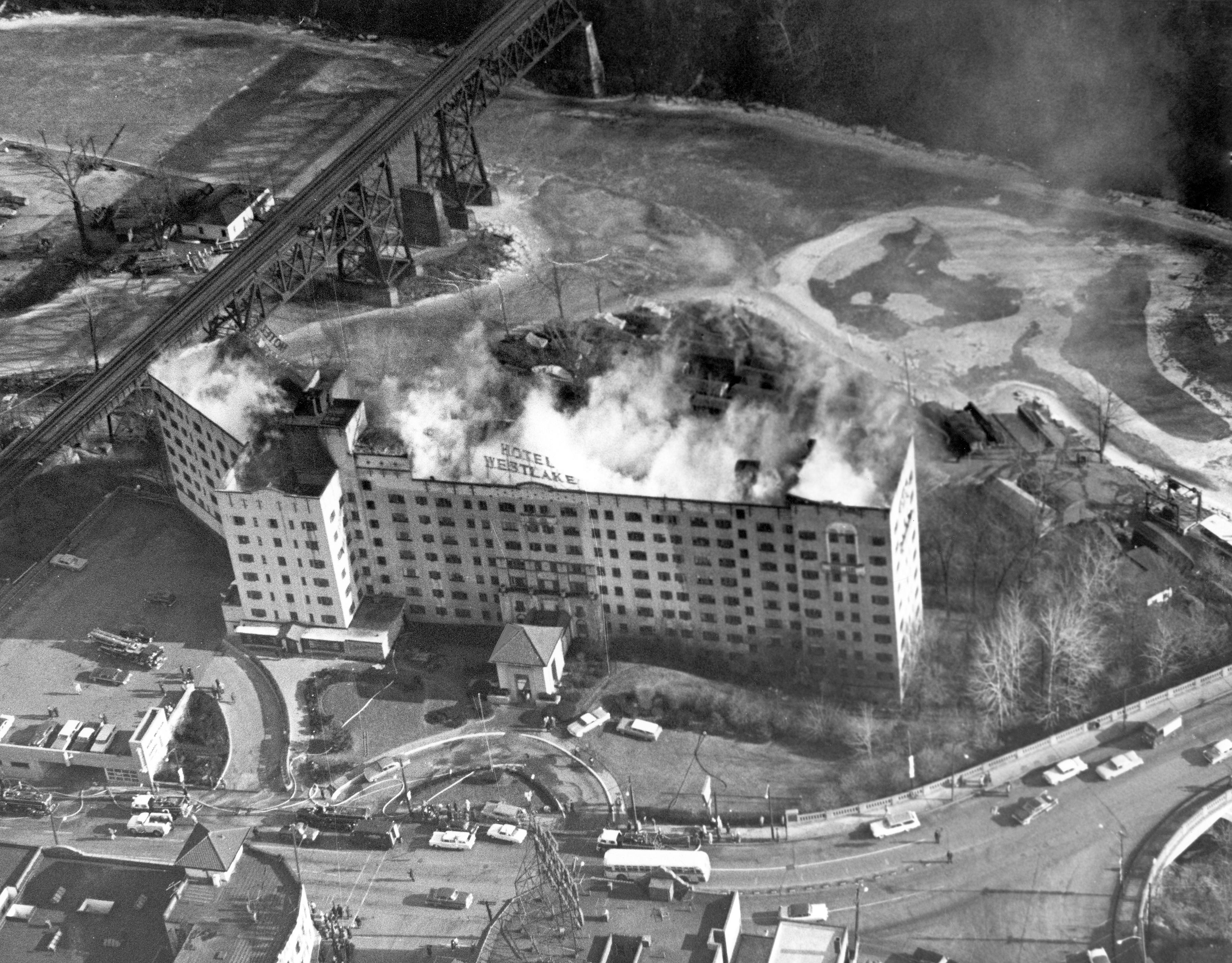 An aerial shot of the Westlake Hotel fire of 25 Jan. 1962