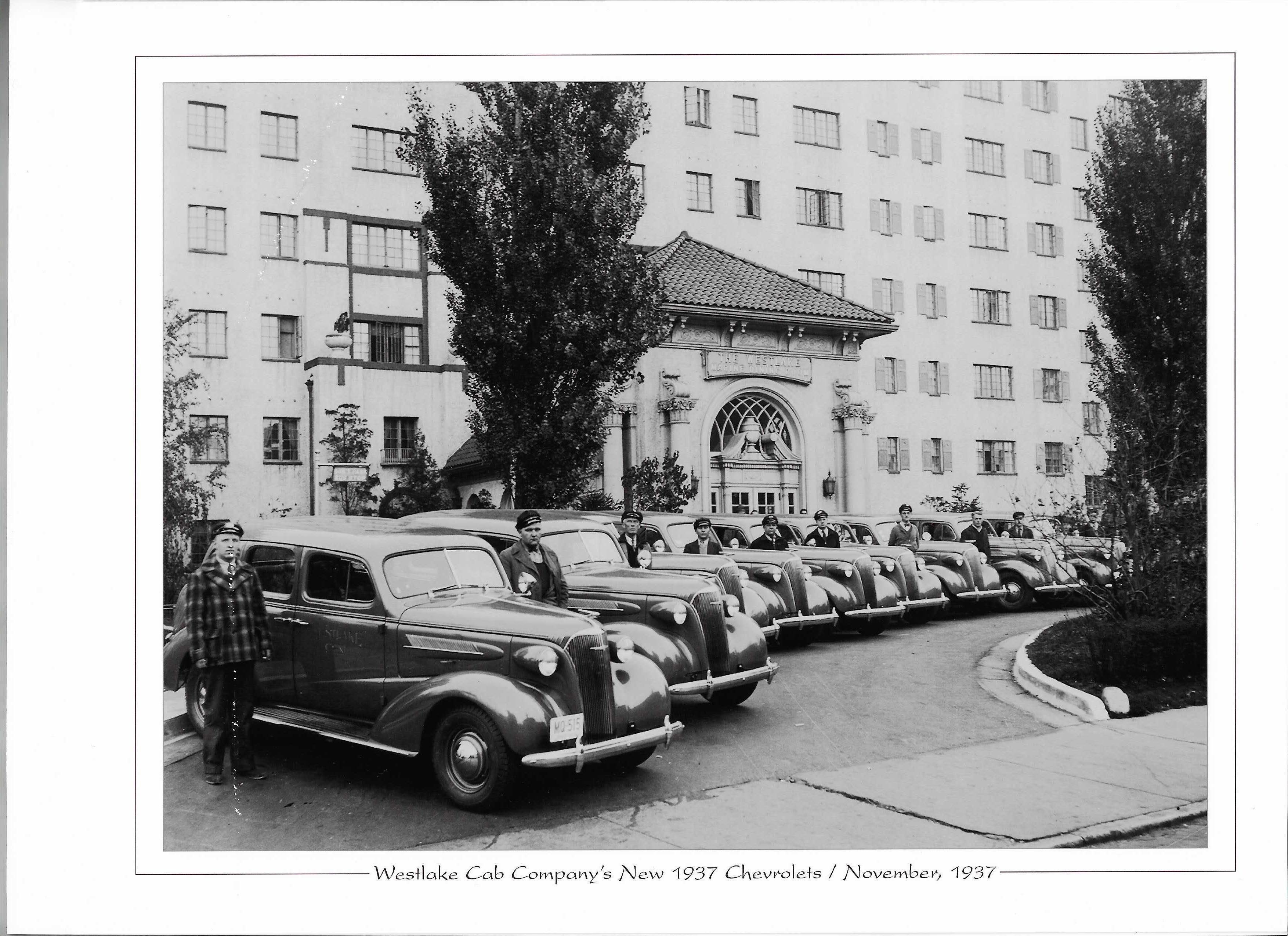 A new line of black Chevrolet cabs in front of the Westlake Hotel, November 1937.