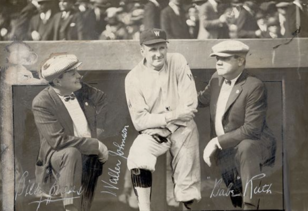 Billy Evans, Walter Johnson, and Babe Ruth at League Park, 1925