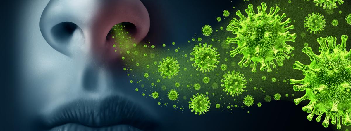 3D Illustration of bottom half of a face showing germ/viral particles streaming from nostril