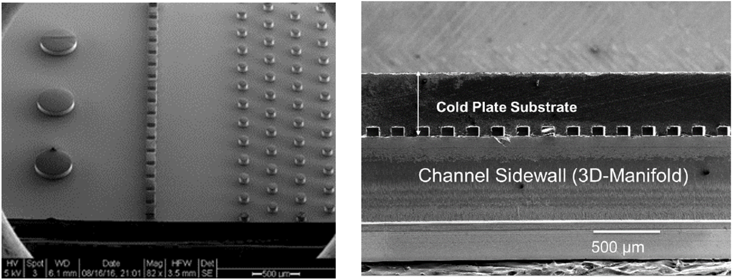 Silicon wafers microfabricated as pin fins and manifold channels with cold plate substrate, channel sidewall (3d manifold)
