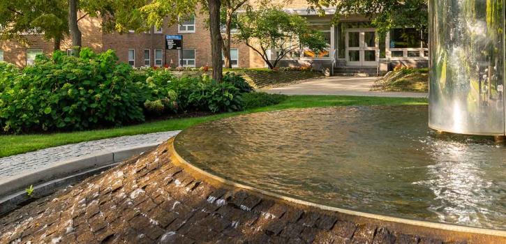 fountain with tree and a walkway