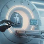 Person holding tablet device in front of MRI machine