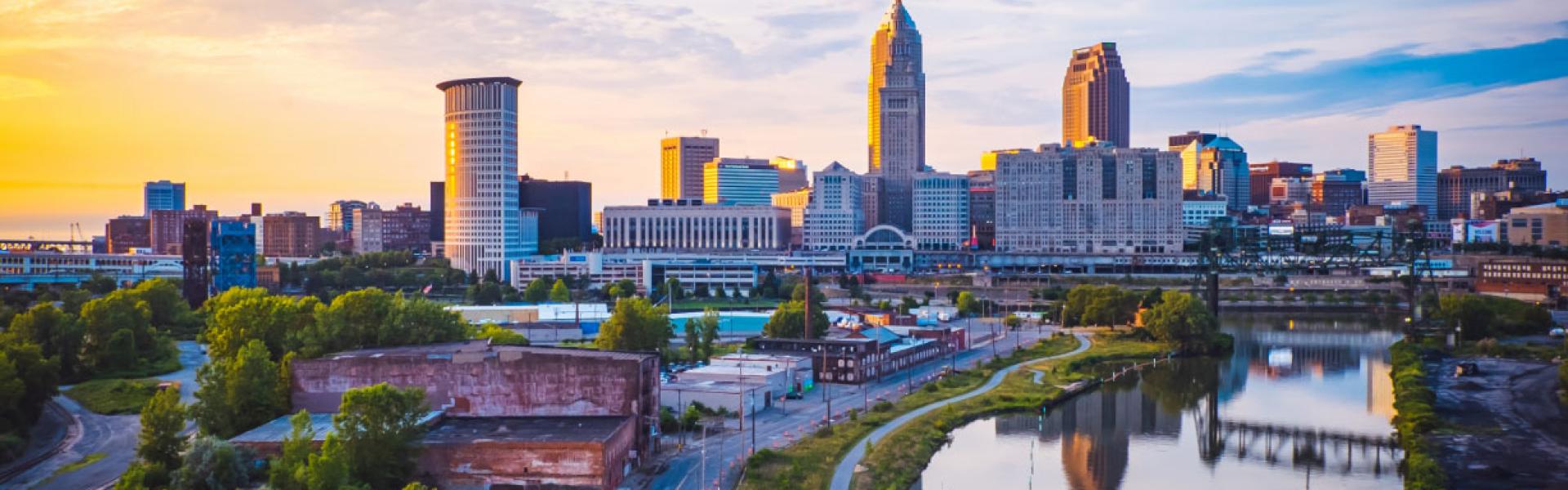 Cleveland skyline with buildings and the river