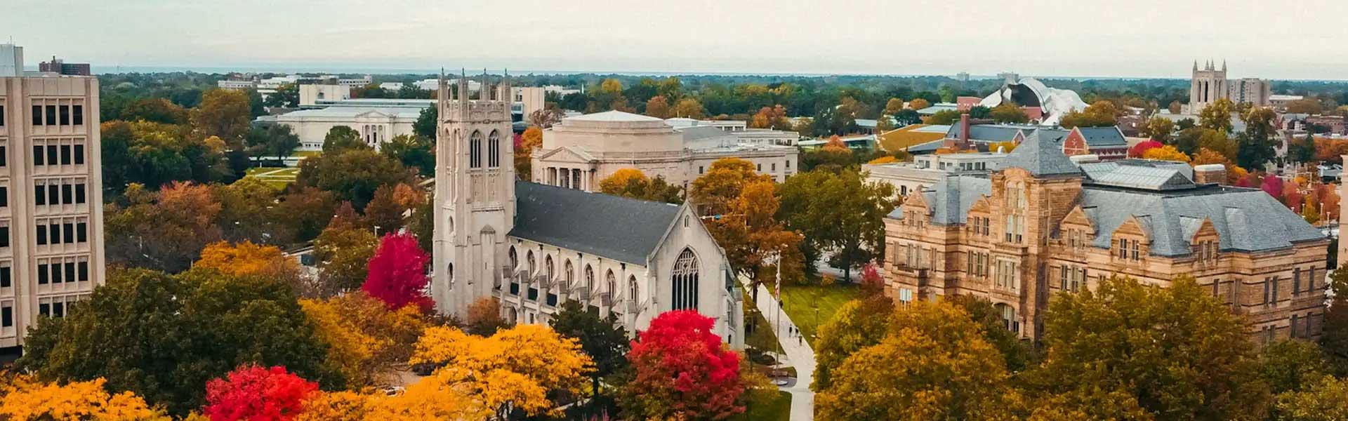 Aerial view of CWRU with fall color leaves