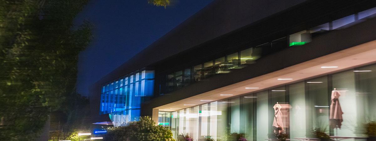 Building at night illuminated by lights