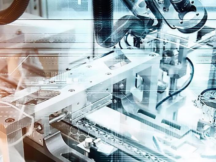 stock photo automation production equipment with schematic overlay