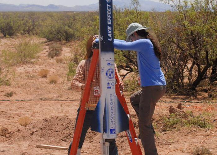 Members of the Case Rocket Team get ready to launch their rocket