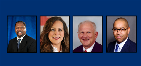 Pictured on a blue background from left to right, Councilman Pernel Jones, Jr., Councilwoman Jasmin Santana, Former Councilman Jack H. Schron, Jr., and Moderator Julian Rogers. 