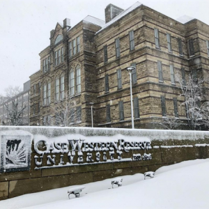 Case Western Reserve sign under snow