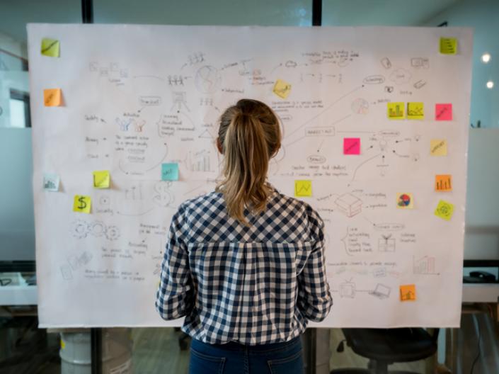 student standing in front of plan
