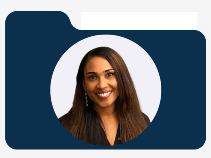 A graphic of a file folder with a photo of a woman who is smiling