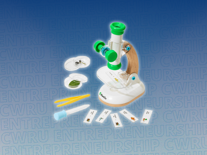 A microscope toy on a blue background