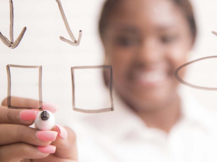 woman drawing a flowchart on a clear dry erase board