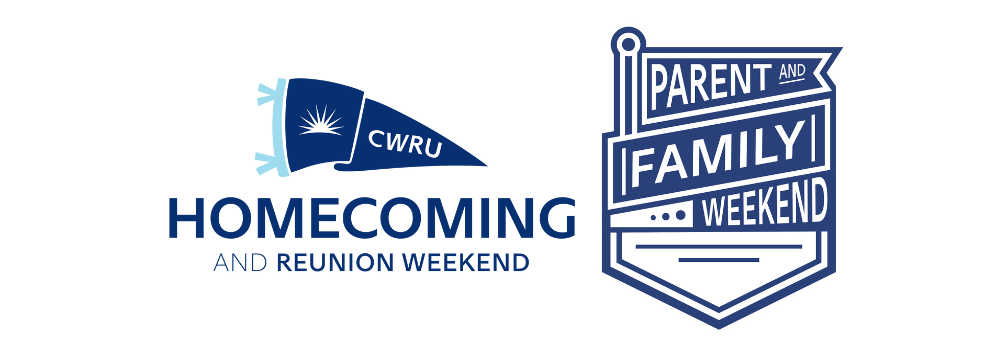 Two blue graphics side by side, one says: "CWRU Homecoming and Reunion Weekend" and the other says "Parent and Family Weekend"
