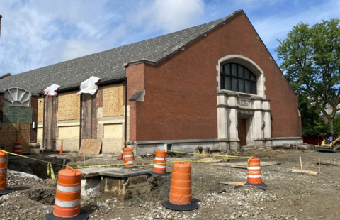 Exterior of Adelbert Gym construction May 2026
