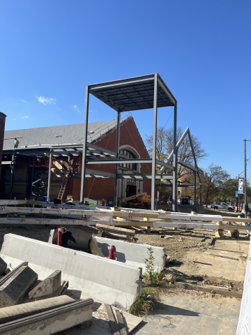 Steel beams added to Adelbert Gym exterior construction