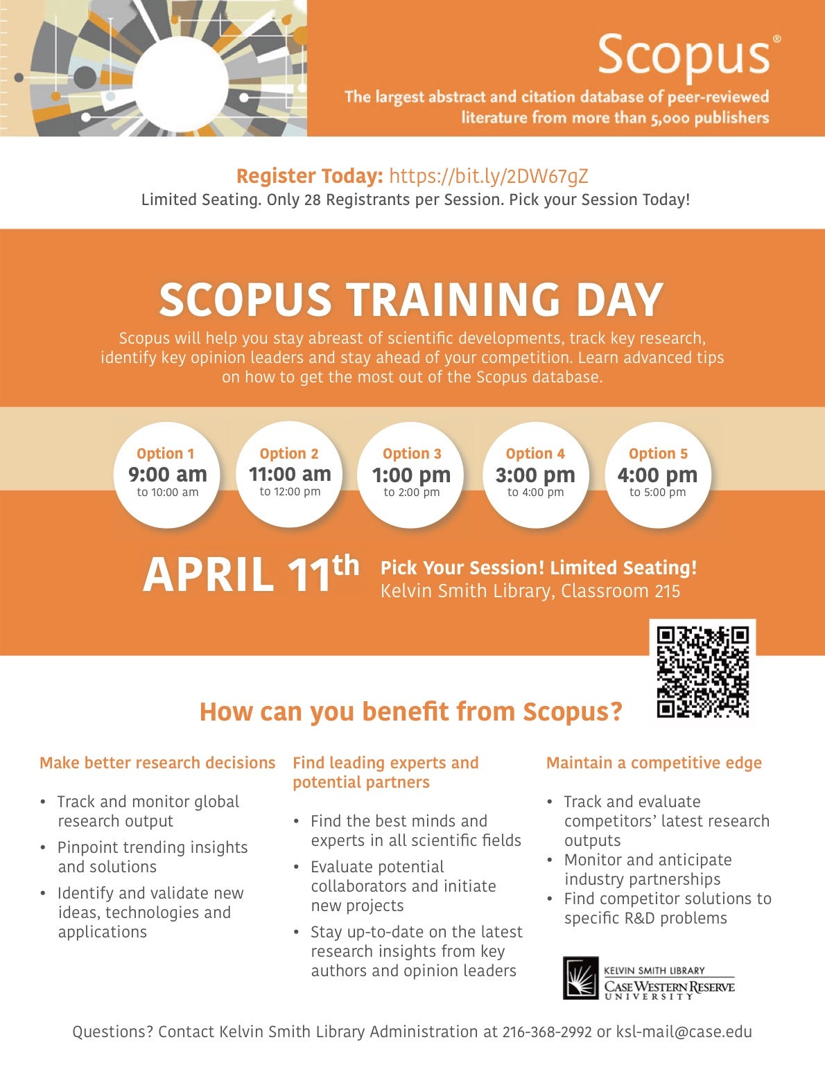 Scopus The largest abstract and citation database of peer-reviewed literature from more than 5,000 publishers Register Today: https://bit.ly/2DW67gZ Limited Seating. Only 28 Registrants per Session. Pick your Session Today! SCOPUS TRAINING DAY Scopus will help you stay abreast of scientific developments, track key research, identify key opinion leaders and stay ahead of your competition. Learn advanced tips on how to get the most out of the Scopus database. Option 1 9:00 am to 10:00 am Option 2 11:00 am to