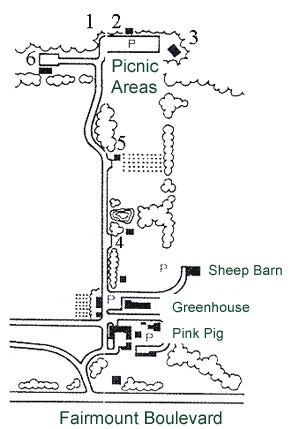 Drawing of Picnic Areas with shrubbery, and locations labelled 1,2.3,4,5,6, with parking sites and building sites named Sheep Barn, Greenhouse, and Pink Pig, with roads thoughout and Fairmount Boulevard below