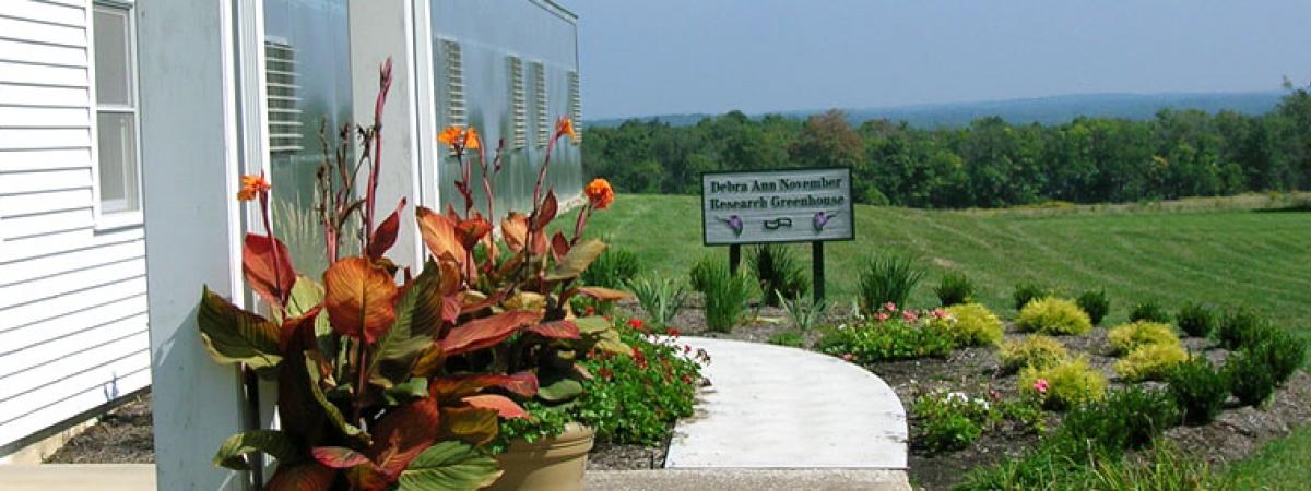 View from front porch of Debra An November Research Greenhouse with white landscaped walkway and view of woods and hills in background