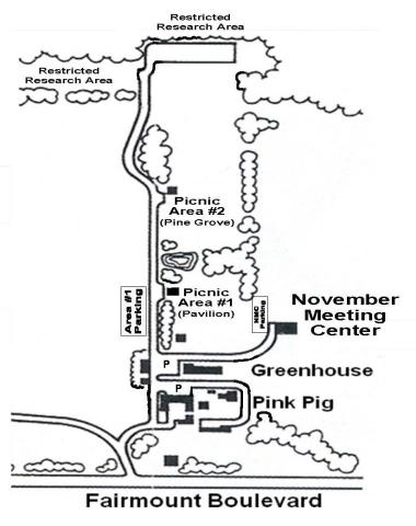 Map of Picnic Area locations, parking sites and building sites named November Meeting Center, Greenhouse, and Pink Pig, with roads throughout and Fairmount Boulevard below